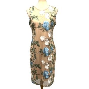 Calvin Klein Floral Embroidered Dress - Blue and White
